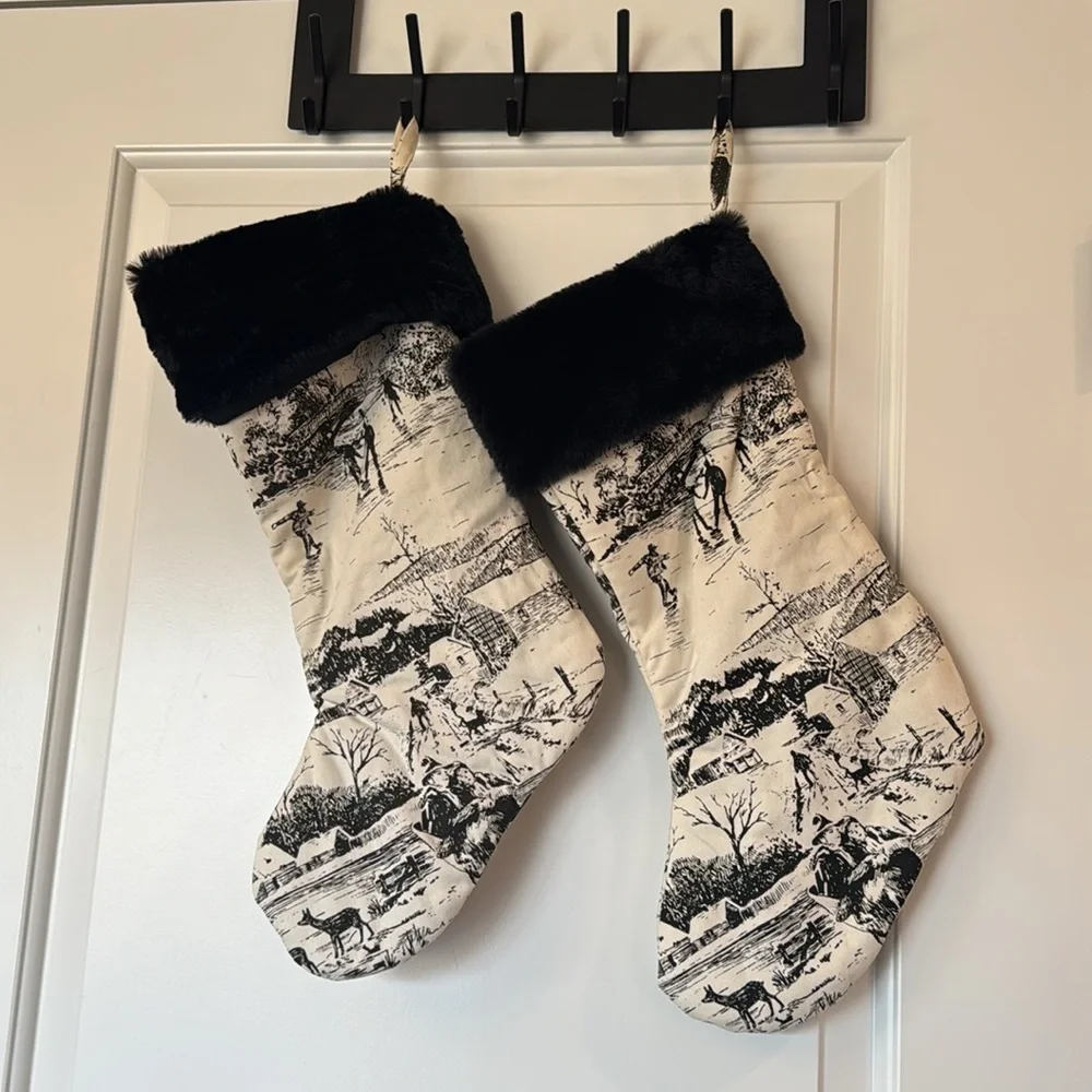 2 Toile Christmas Stocking Faux Fur Trim Homestead Country Cottagecore Christmas